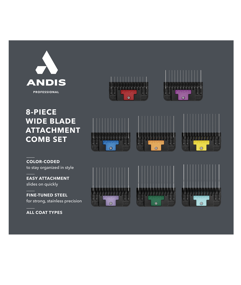 Andis 8-Piece Wide Blade Comb Set – Stainless Steel Grooming Guards for #10W/#30W