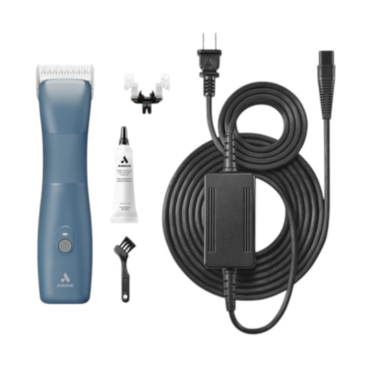 A set of Andis BLUE eMerge Cord/Cordless Clippers with a #10 blade, including various attachments, a cleaning brush, oil bottle, and a charging cable.
