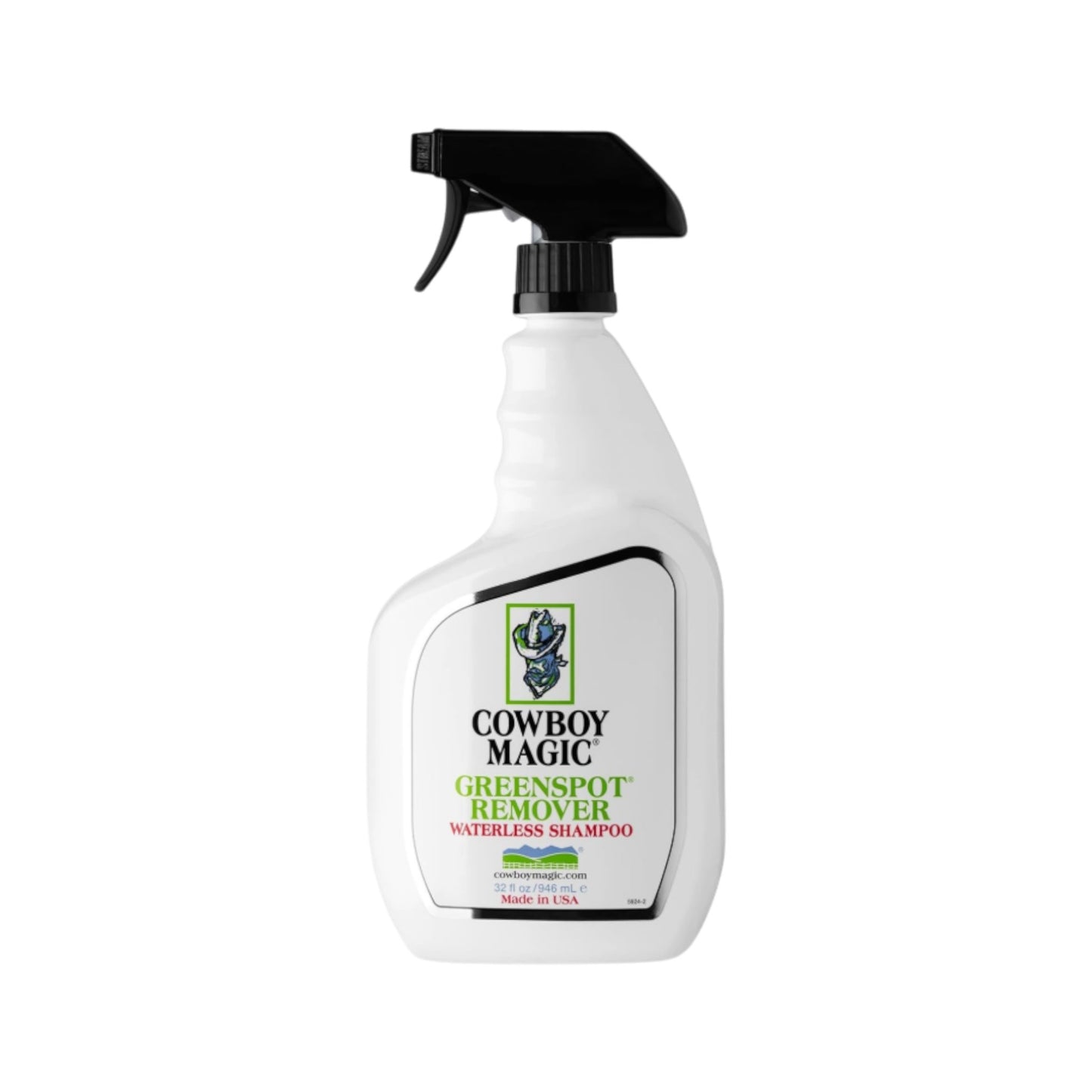 A 32 oz bottle of Cowboy Magic Greenspot Remover for cleaning manure, urine and other stubborn stains from horses, dogs and cats