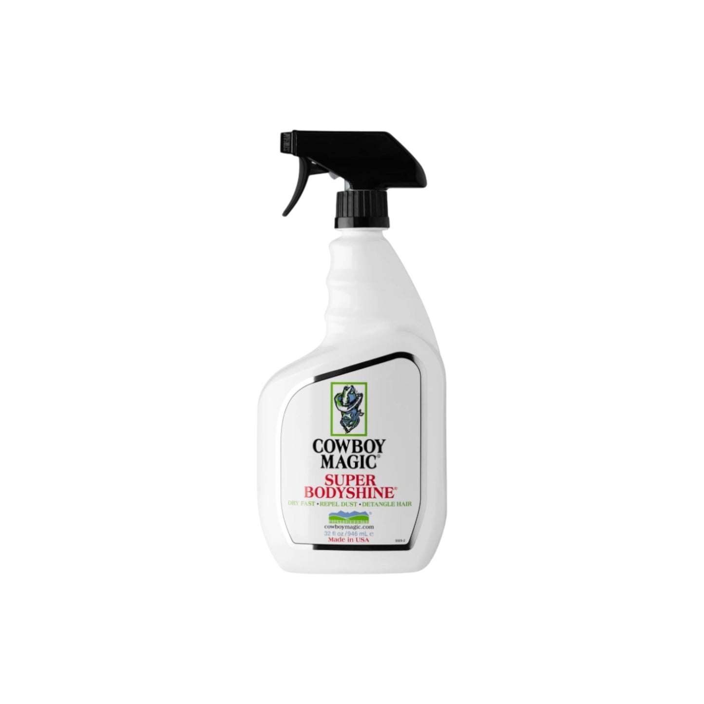 A bottle of Cowboy Magic Super Bodyshine coat shine spray in the 32 oz size for horses, dogs and cats