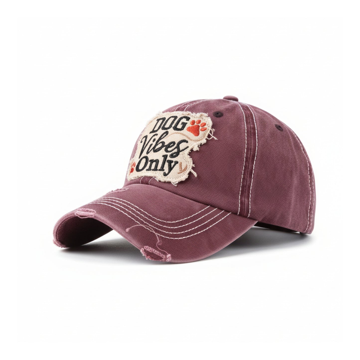 Dog Vibes Only Embroidered Vintage Baseball Cap – Adjustable Distressed Hat for Dog Lovers | Burgundy, Grey & Teal