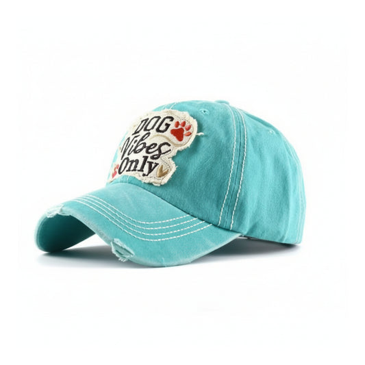 Dog Vibes Only Embroidered Vintage Baseball Cap – Adjustable Distressed Hat for Dog Lovers | Burgundy, Grey & Teal
