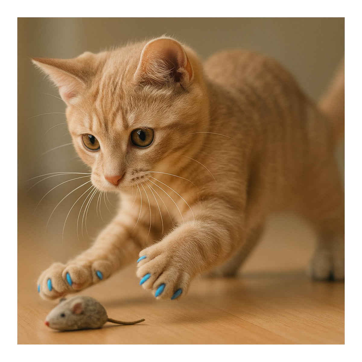 Orange cat with blue front kitty caps playing with a toy mouse on a wooden floor