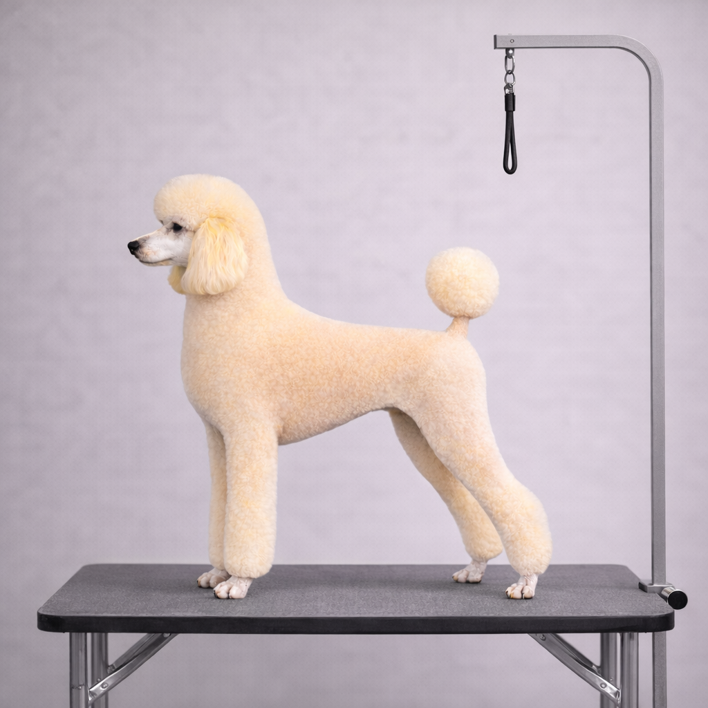 Professionally styled cream coloured poodle standing in profile on a grooming table with a shaped coat, topknot, ears, and pom tail