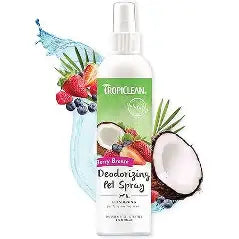 Bottle of TropiClean Pet Cologne Berry Breeze 8 oz deodorizing coat spray for dogs and cats.