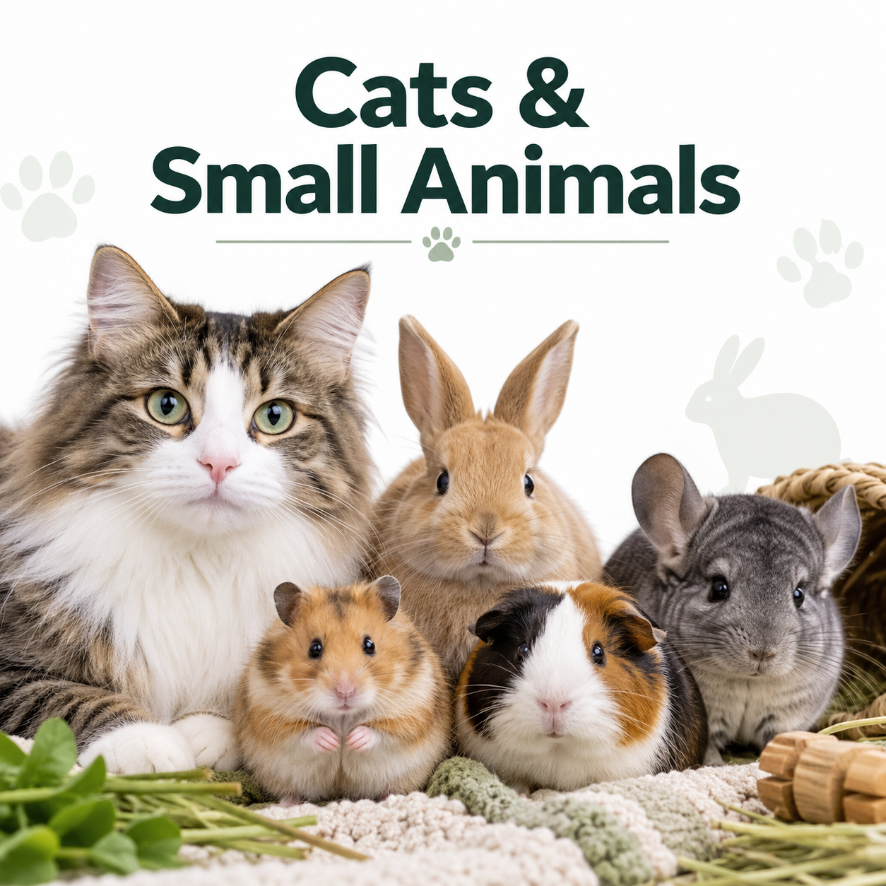 Cat, rabbit, hamster, guinea pig and chinchilla together on a soft blanket with hay and greenery