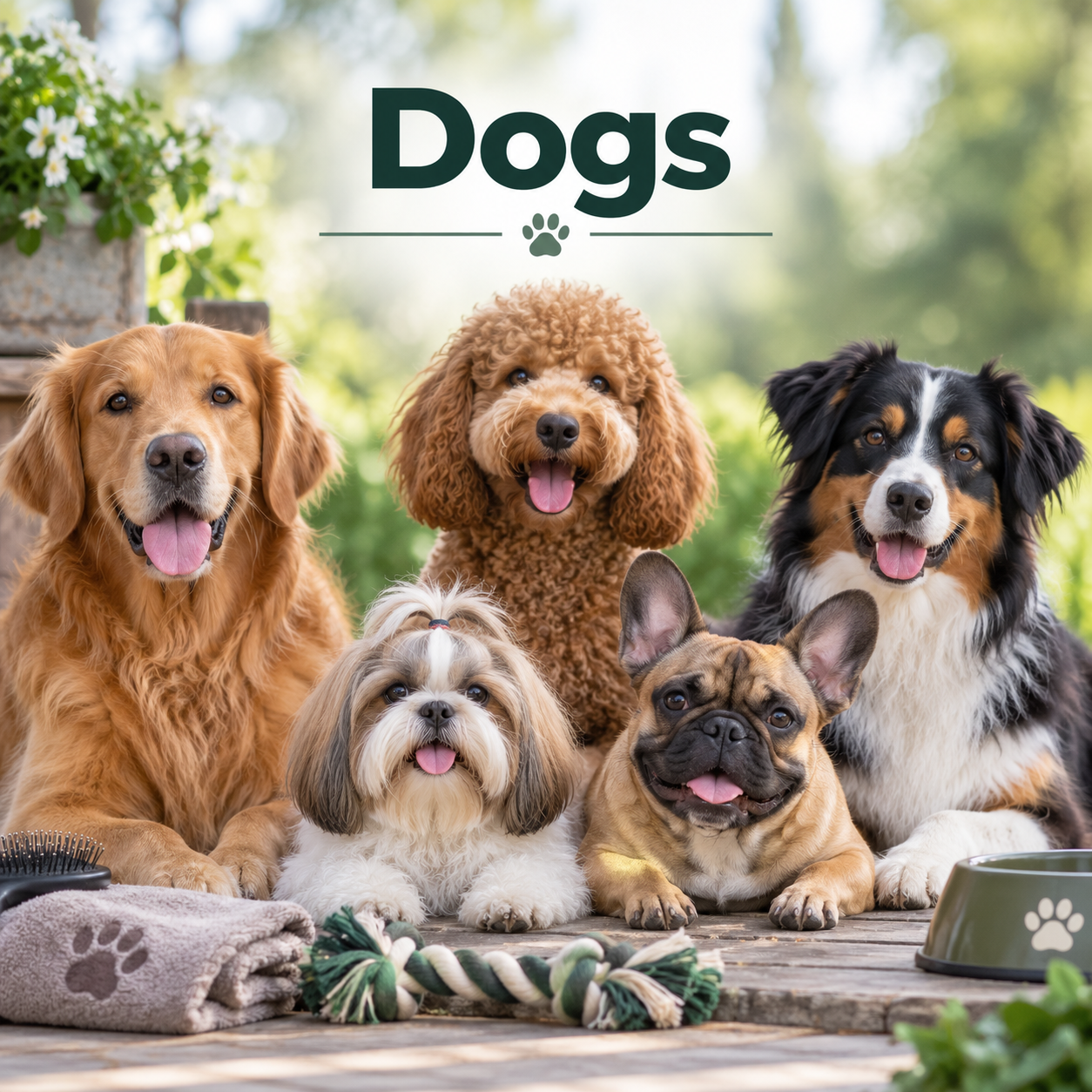 Golden Retriever, Poodle, Shih Tzu, French Bulldog and Bernese Mountain Dog together with dog grooming and care accessories