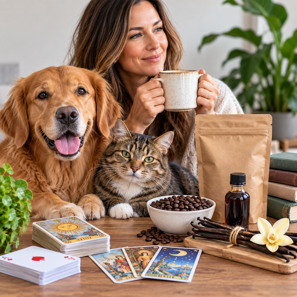 Woman enjoying coffee with a Golden Retriever and cat beside coffee beans, vanilla extract, vanilla beans, tarot cards and playing cards