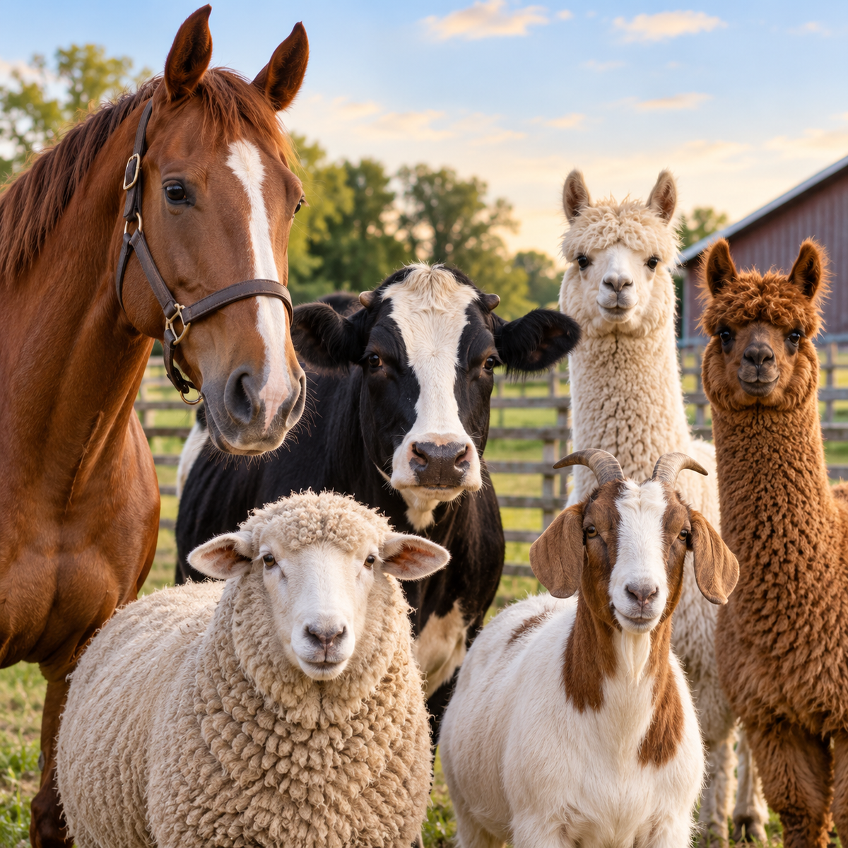 Horse, cow, sheep, goat and alpacas together in a fenced farm pasture