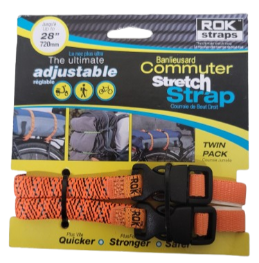 ROK Straps Commuter Stretch Straps – Twin Pack | Adjustable up to 28" (720 mm) | Motorcycle, Bicycle & Luggage Tie-Downs | Orange, Black & Green