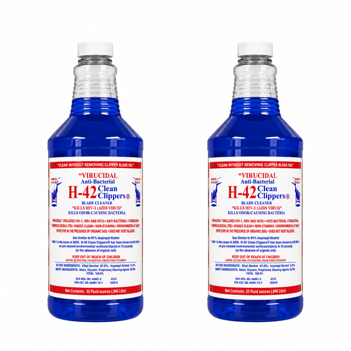Two bottles of Vircidual H-42 Clean Clippers blue liquid cleaner shown side by side on a plain white background.