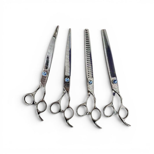 Classy Canines 8" Damascus Pattern 440C Professional Grooming Shear Set — Straight, Curved, Chunker & Thinner