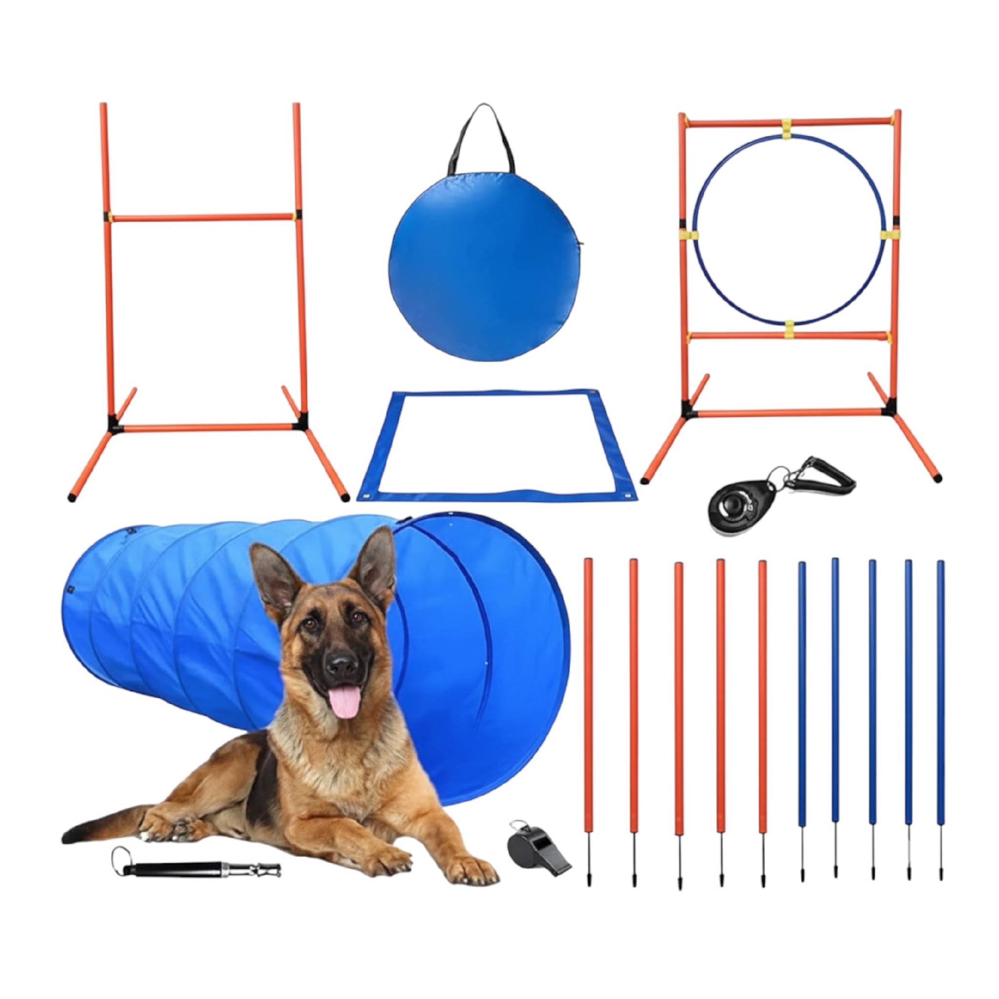 Complete dog agility training set with tunnel, weave poles & jump ring ...