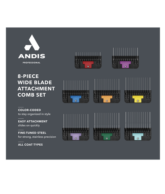 Andis 8-Piece Wide Blade Comb Set – Stainless Steel Grooming Guards for #10W/#30W