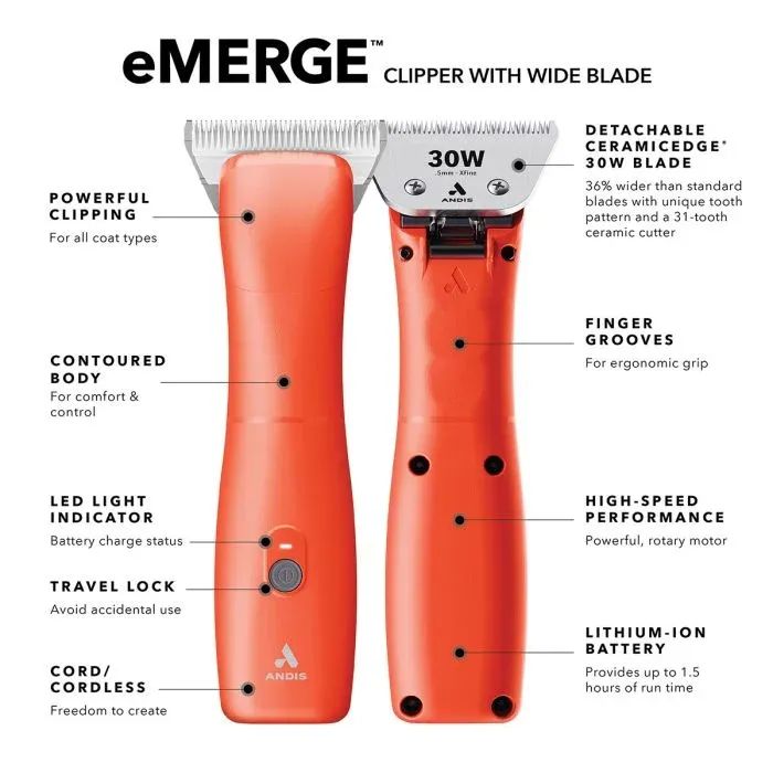 Andis eMERGE orange cord/cordless clipper with detachable CeramicEdge 30W wide blade