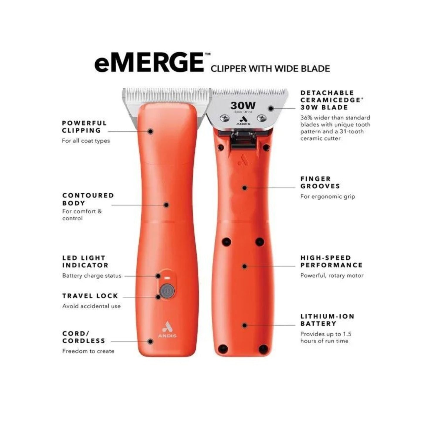 Andis eMERGE orange cord/cordless clipper with detachable CeramicEdge 30W wide blade