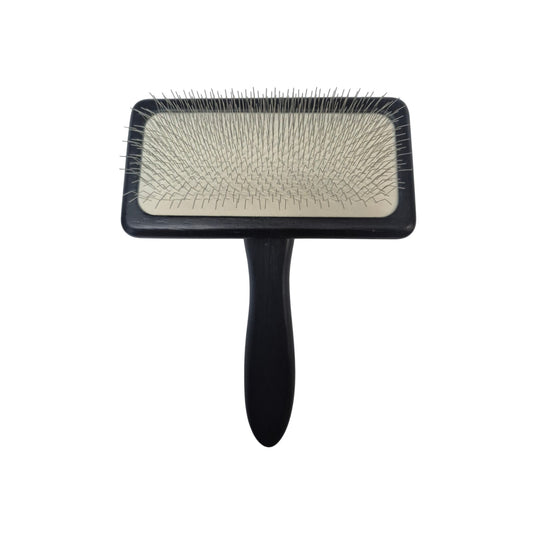 Front view of a Buttercut slicker brush with a wooden handle and rectangular brush head measuring 12 × 6 cm with 0.5 inch pins.