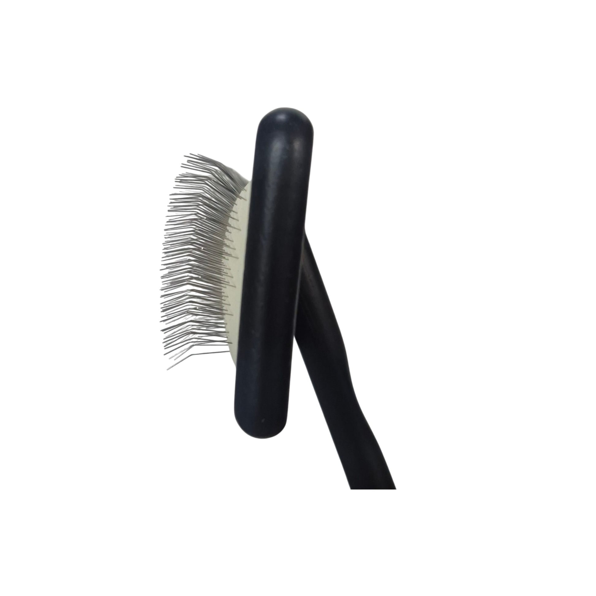Side view of a Buttercut slicker brush with a wooden handle and rectangular brush head measuring 12 × 6 cm with 0.5 inch pins.