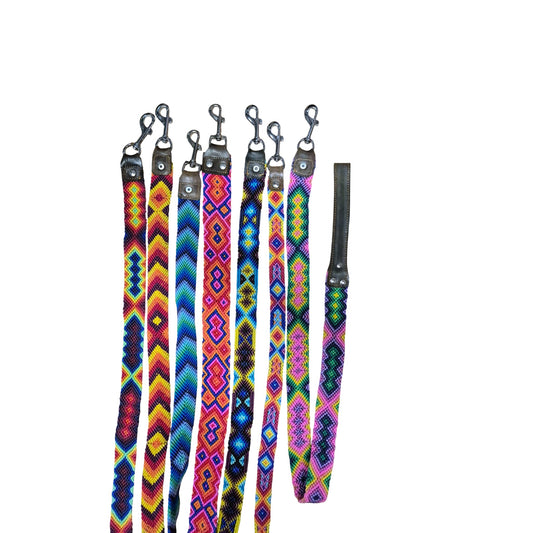 Assorted handmade CollarPet dog leashes featuring unique colourful hand-braided designs

