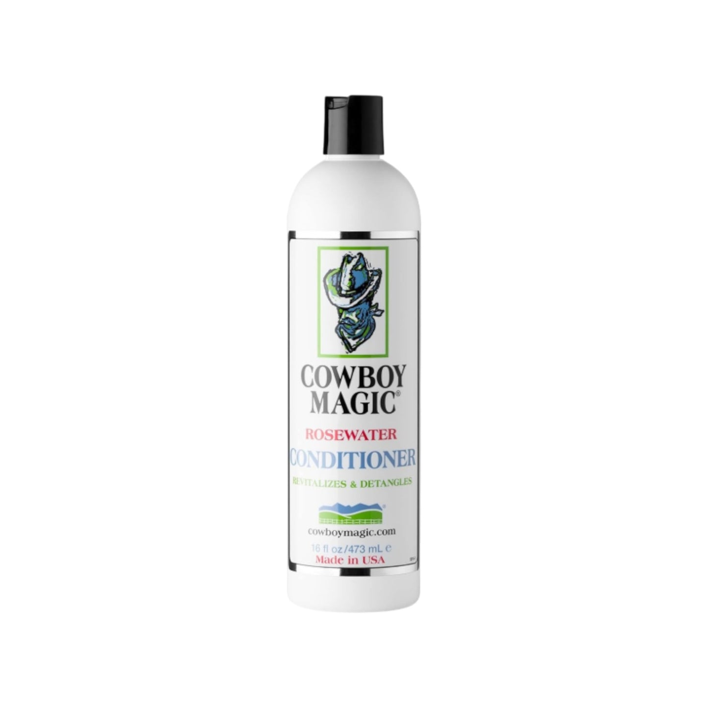 A 16 oz bottle of Cowboy Magic concentrated Detangler & Shine for tackling tangles, knots and mats on horses, dogs and cats