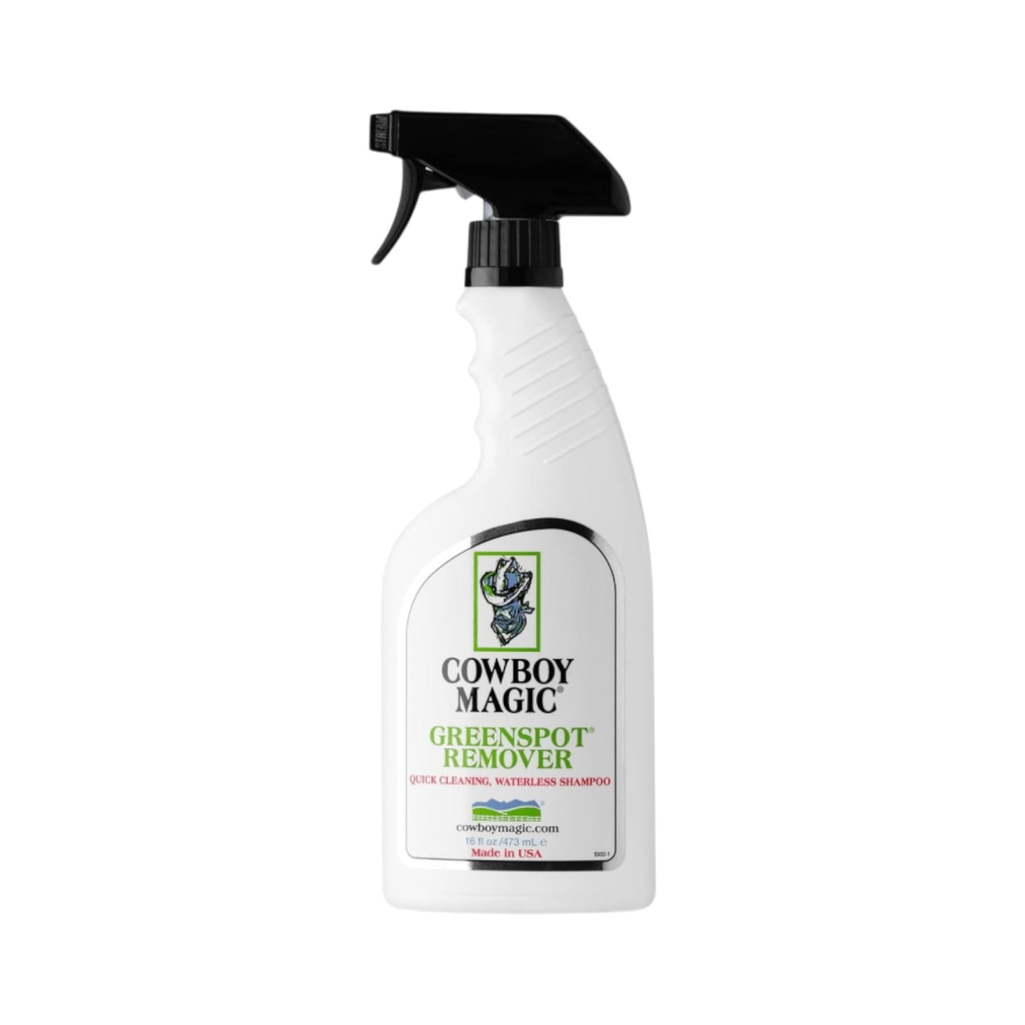 A 16 oz bottle of Cowboy Magic Greenspot Remover for cleaning manure, urine and other stubborn stains from horses, dogs and cats