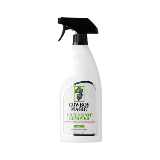 A 16 oz bottle of Cowboy Magic Greenspot Remover for cleaning manure, urine and other stubborn stains from horses, dogs and cats