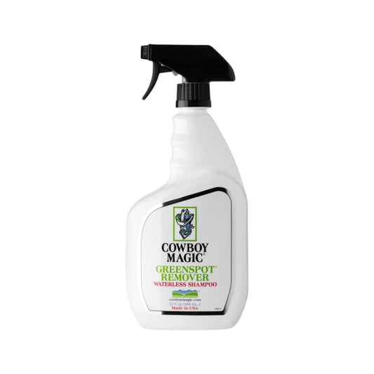 A 32 oz bottle of Cowboy Magic Greenspot Remover for cleaning manure, urine and other stubborn stains from horses, dogs and cats
