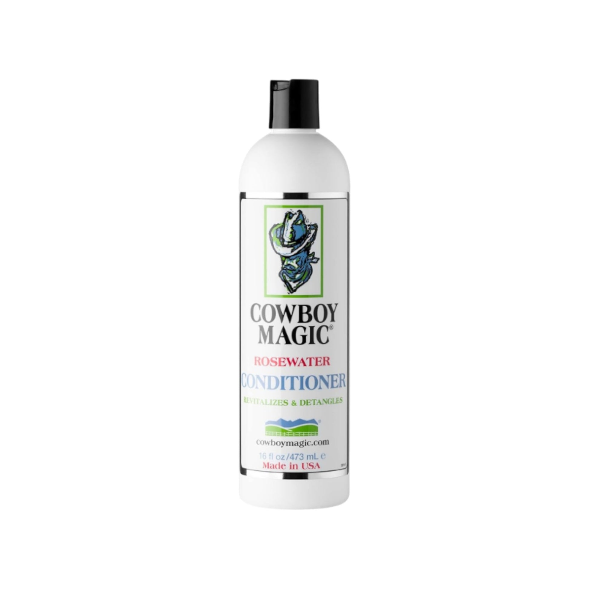 A bottle of Cowboy Magic Rosewater Conditioner in the 16 oz size for deep conditioning horses, dogs and cats