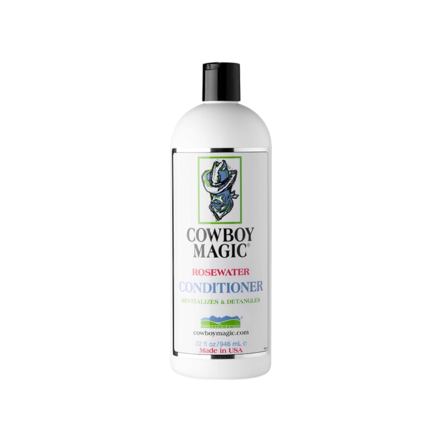 A bottle of Cowboy Magic Rosewater Conditioner in the 32 oz size for deep conditioning horses, dogs and cats