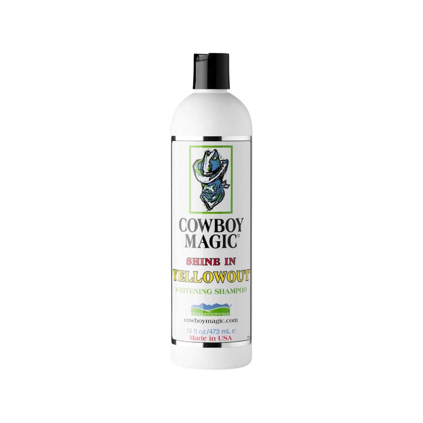 A bottle of Cowboy Magic Shine In Yellowout brightening shampoo in the 16 oz size for horses, dogs and cats