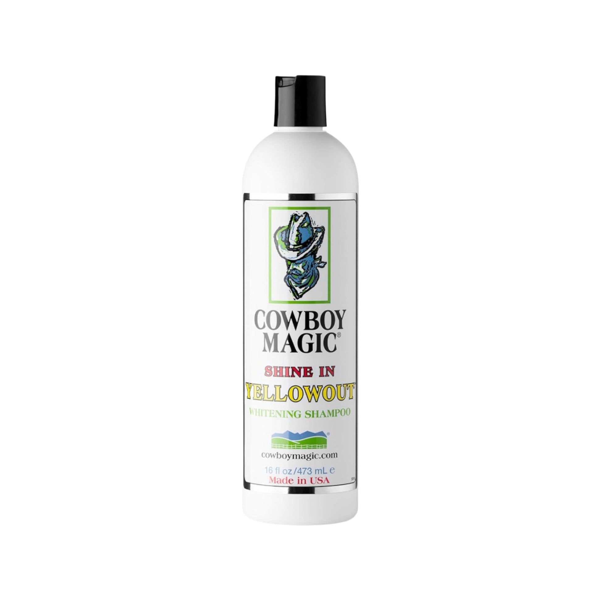A bottle of Cowboy Magic Shine In Yellowout brightening shampoo in the 16 oz size for horses, dogs and cats