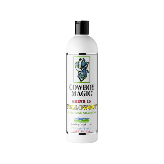 A bottle of Cowboy Magic Shine In Yellowout brightening shampoo in the 16 oz size for horses, dogs and cats