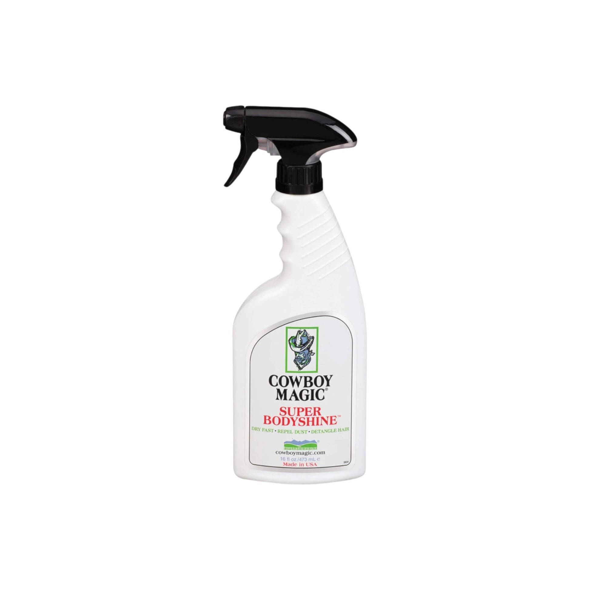 A bottle of Cowboy Magic Super Bodyshine coat shine spray in the 16 oz size for horses, dogs and cats