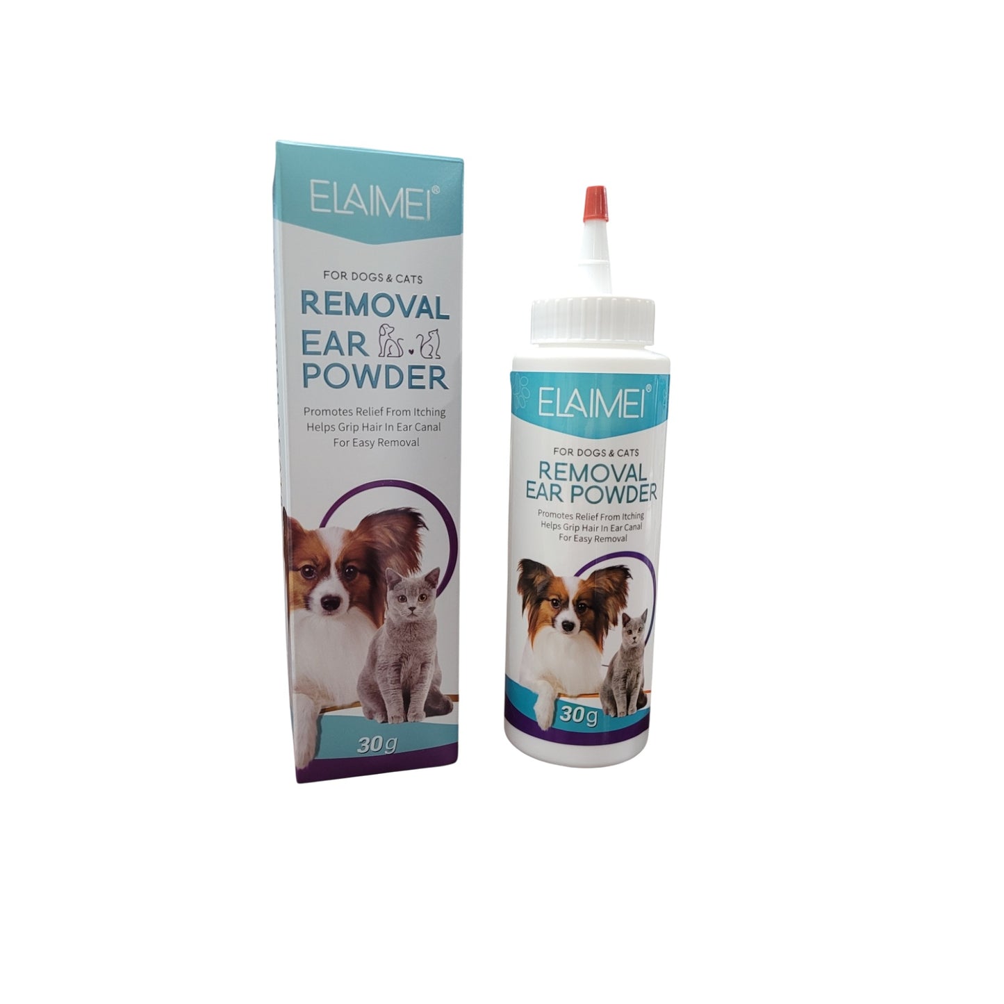 Dog ear powder bottle and packaging for routine professional grooming and ear care