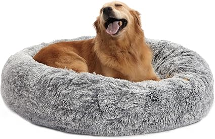 Bedfolks Calming Donut Dog Bed for Dogs – Soft Fluffy Anti-Anxiety Plush, Machine Washable, Multiple Sizes & Colours