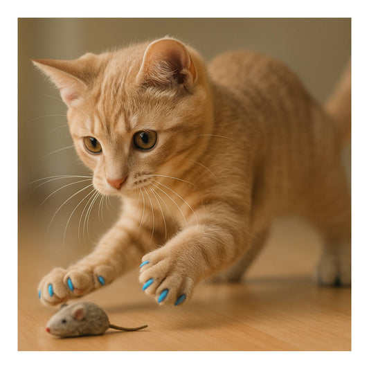 Orange cat with blue front kitty caps playing with a toy mouse on a wooden floor