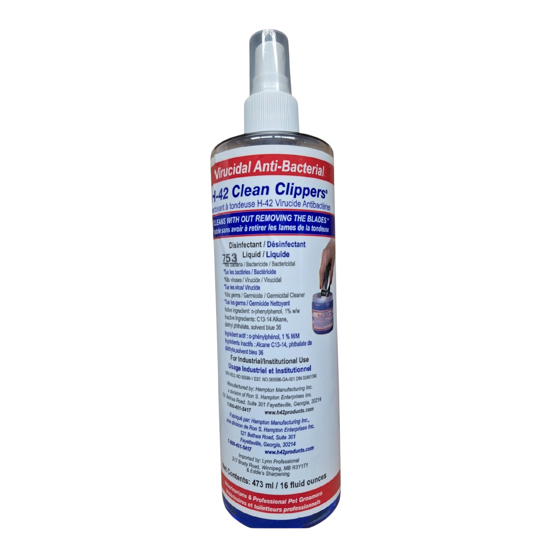 H-42 Clean Clippers 16 oz spray antibacterial and virucidal cleaner for professional clipper blades, shears, and metal tools