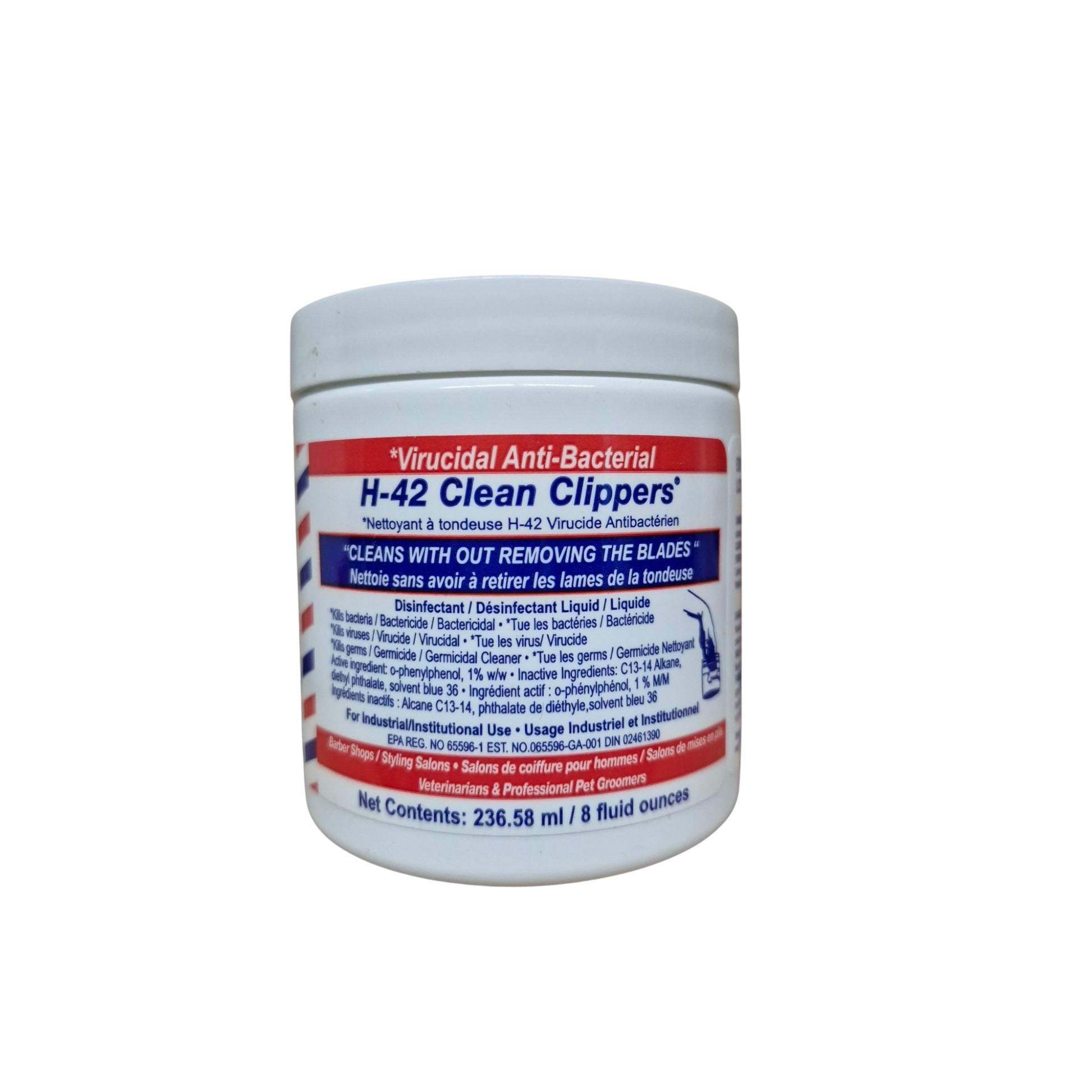 H-42 Clean Clippers 8 oz jar of antibacterial and virucidal cleaner for professional clipper blades, shears, and metal tools