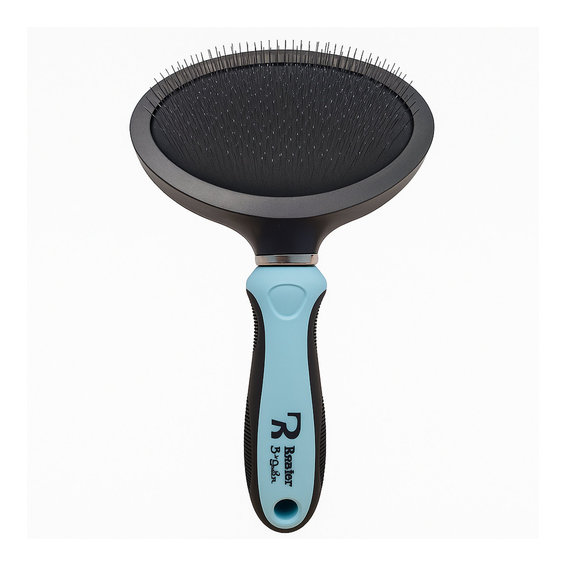 Professional dog grooming slicker brush with black pad and blue handle for brushing and coat preparation