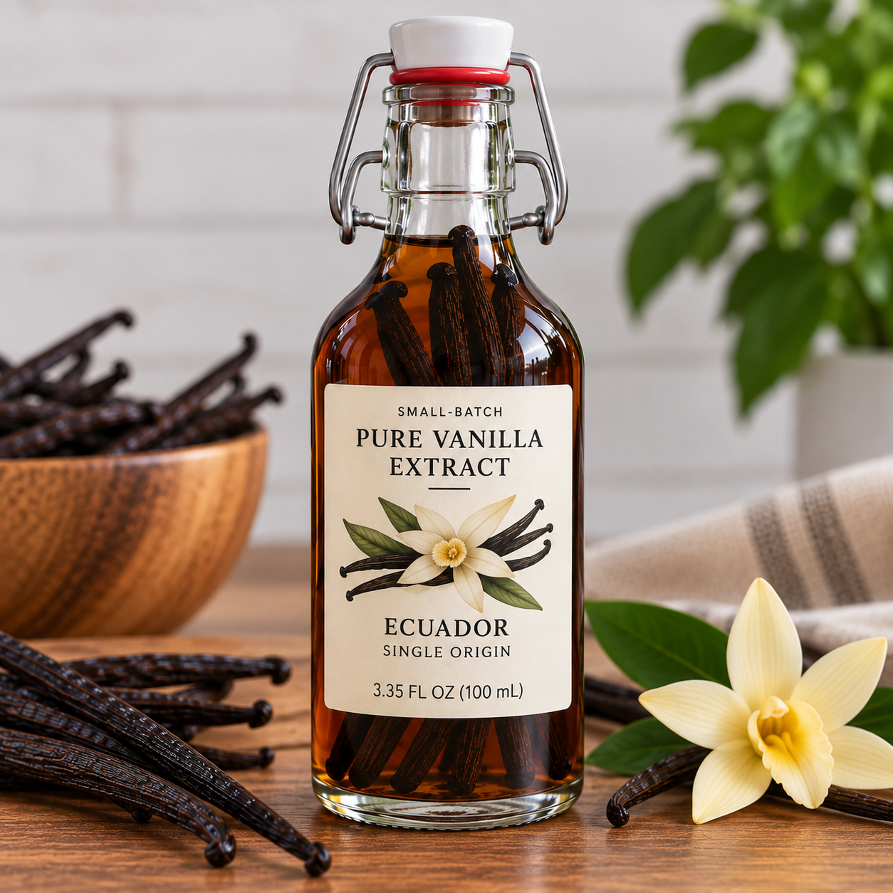 Small-batch Ecuador pure vanilla extract with whole vanilla beans in a 3.35 fl oz swing-top bottle
