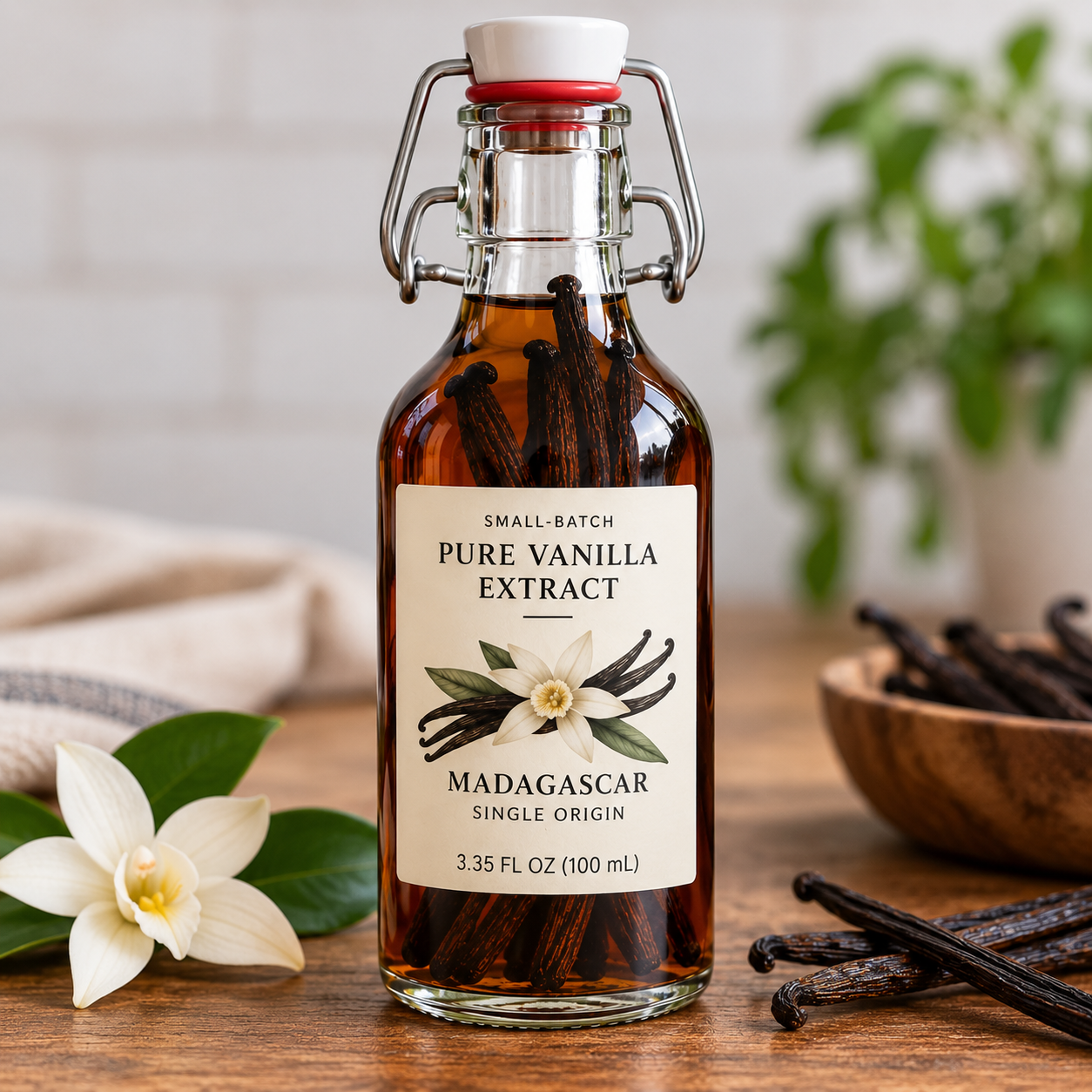 Small-batch Madagascar pure vanilla extract with whole vanilla beans in a 3.35 fl oz swing-top bottle
