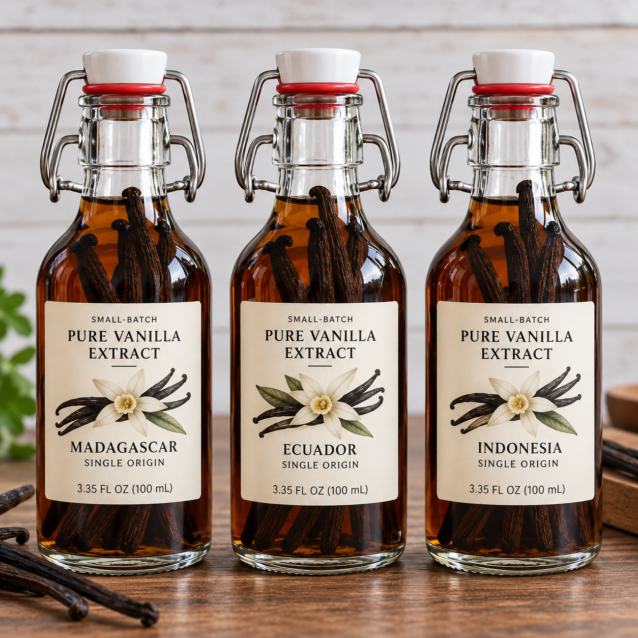 Small-batch pure vanilla extracts in Madagascar, Ecuador and Sumatra Indonesia varieties with whole vanilla beans

