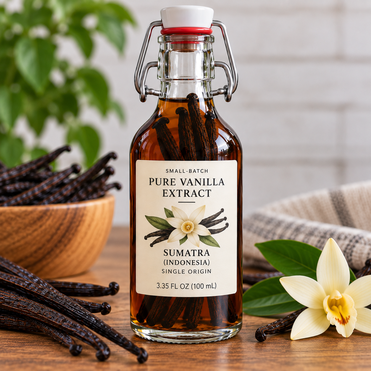 Small-batch Sumatra Indonesia pure vanilla extract with whole vanilla beans in a 3.35 fl oz swing-top bottle
